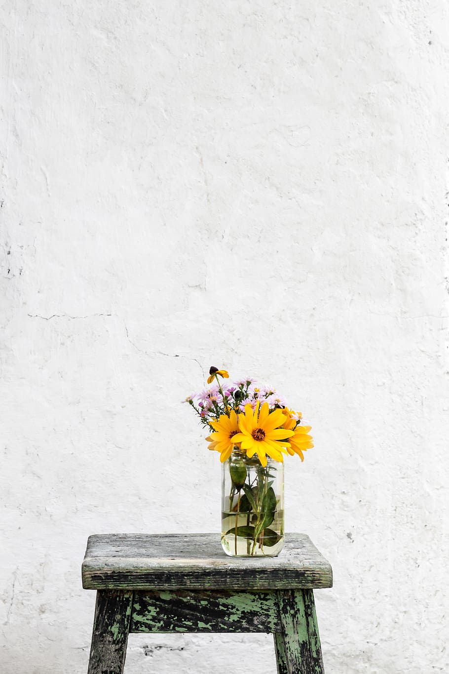 wooden, table, yellow, flower, vase, glass, jar, water, flowering plant, plant