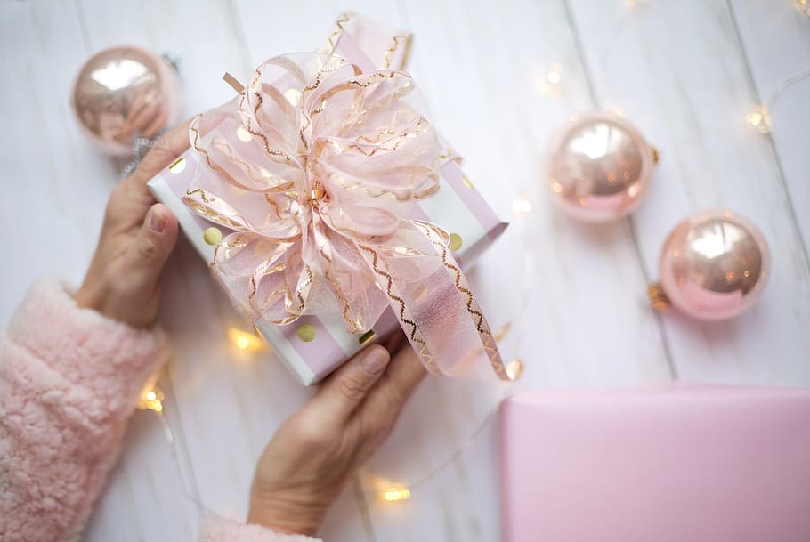 pink, christmas, hot chocolate, cozy, flat lay, present, gift, xmas, holidays, ornament