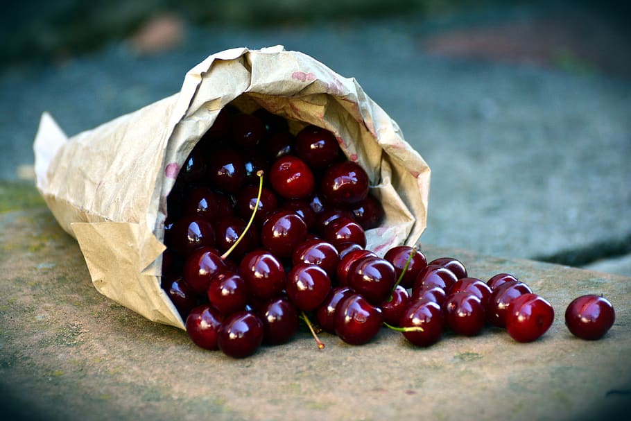 cherries, fruit, sour cherries, bag, harvest, red, ripe, fresh, delicious, summer