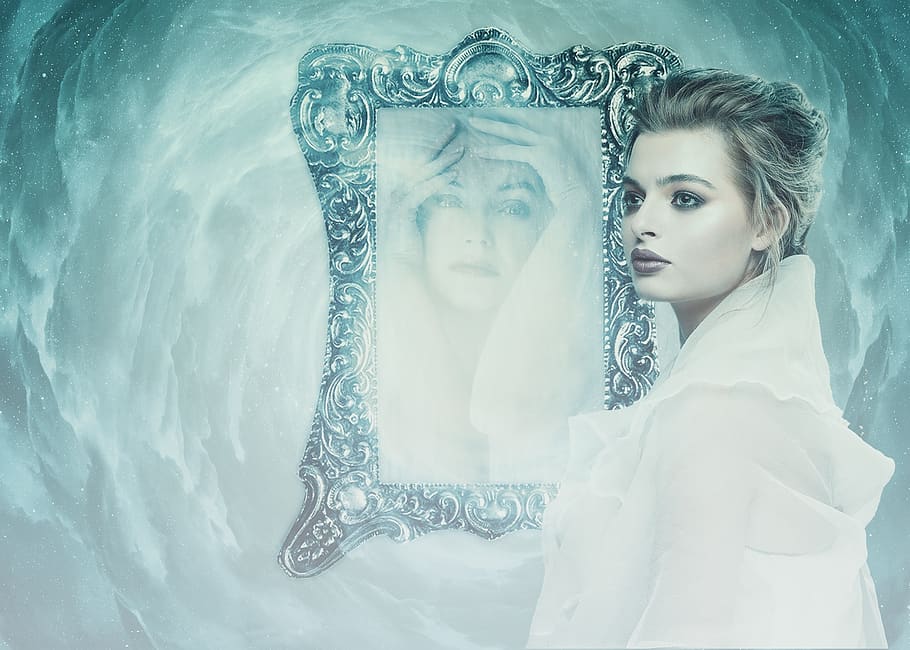 woman, mirror, psyche, depression, personality, mirror image, composing, image editing, one person, portrait