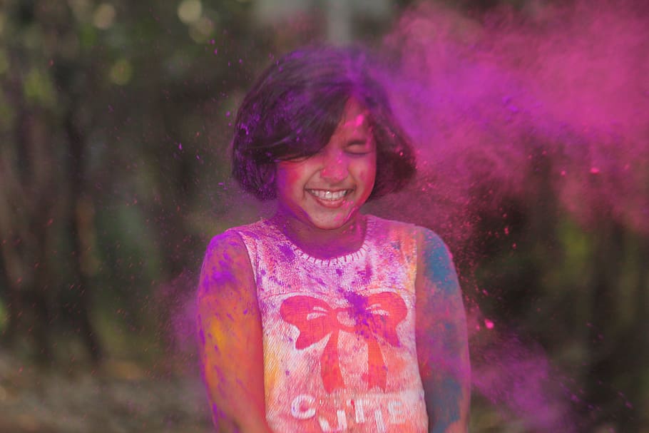 girl, covered, pink, powder, color, young, shoot, colors, fun, holi