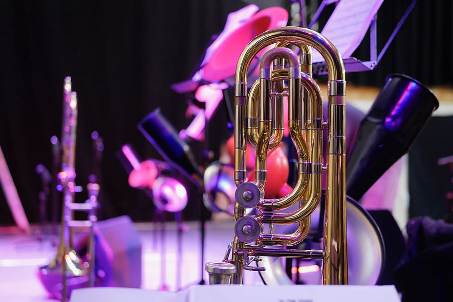 trombone, various, music, musical instrument, arts culture and entertainment, brass instrument, purple, indoors, wind instrument, metal