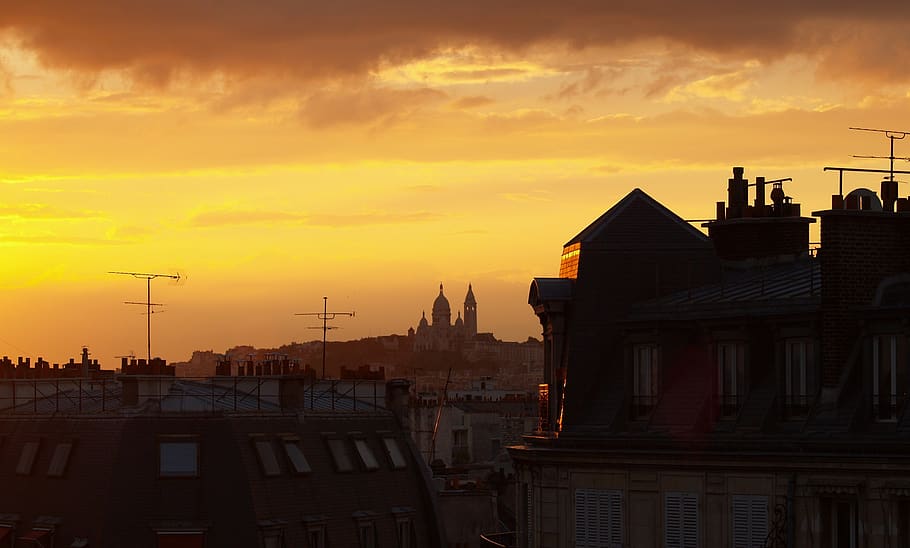 paris, montmartre, roofs, france, city, summer, sunset, sacré coeur, architecture, culture