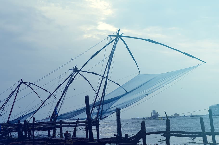 redes de pesca chinesas # 2, praia, peixe, pesca, natureza, mar, céu, agua, transporte, nuvem - céu