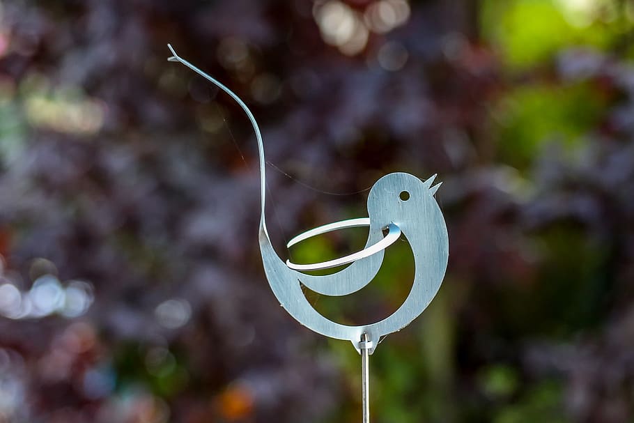 bird, aluminium, figure, garden, leaves, ornament, light gray, silver, upright, symbol