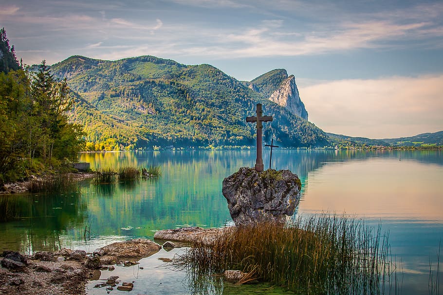 mondsee, kreuzenstein, austria, salzkammergut, lakeside, mountains, bergsee, water, mountain, beauty in nature