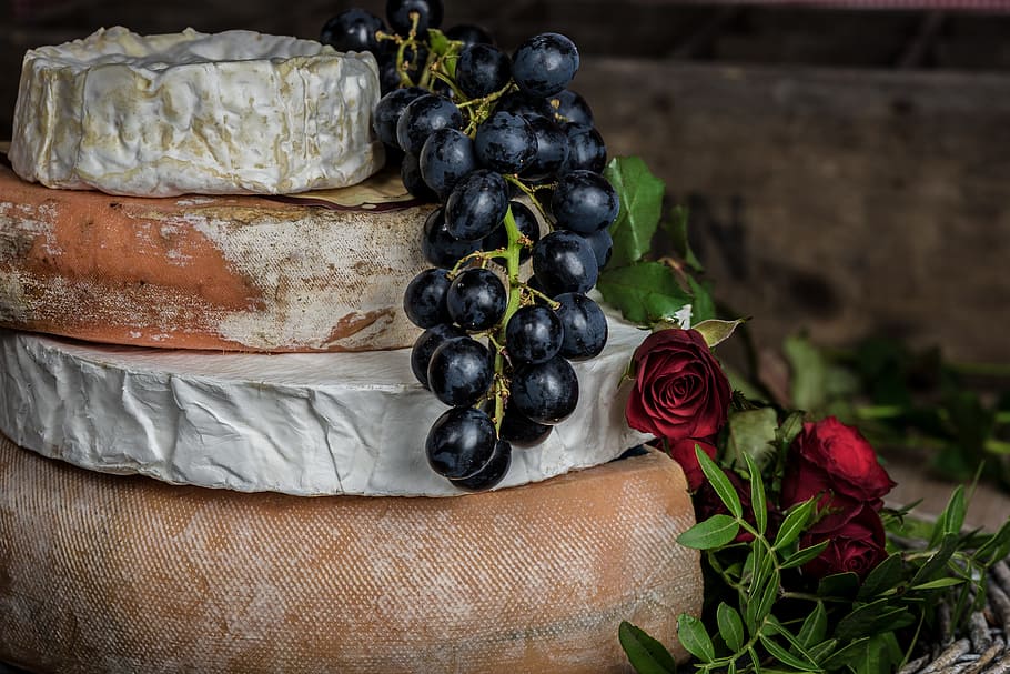 viejo, queso, uvas, flor, flores, francia, francés, maduro, romántico, frescura