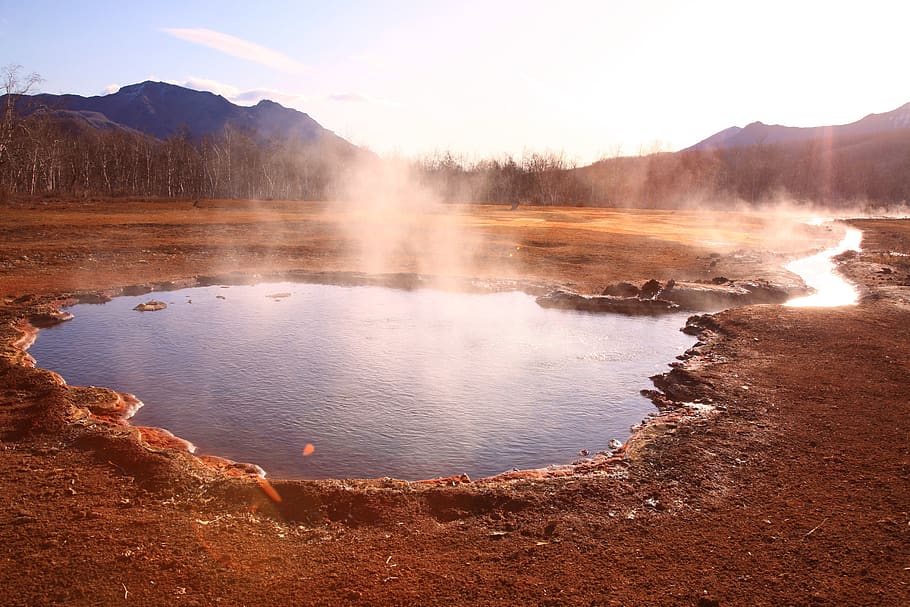 hot spring, forest, mountains, boiling water, silence, kamchatka, nature, energy, pairs, travertine