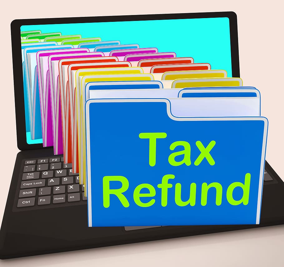 folder pengembalian pajak laptop, menunjukkan, pengembalian uang, pajak, dibayar, folder, laptop, online, membayar pajak, memenuhi syarat