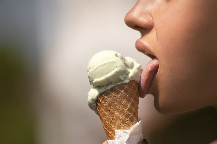 ice cream, dessert, sweet, food, frozen, woman, face, eating, licking, tongue