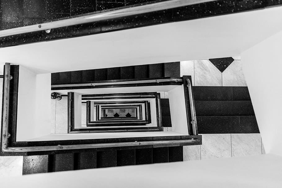 staircase, bauhaus, architecture, white, empty, within, light, black, perspective, abstract