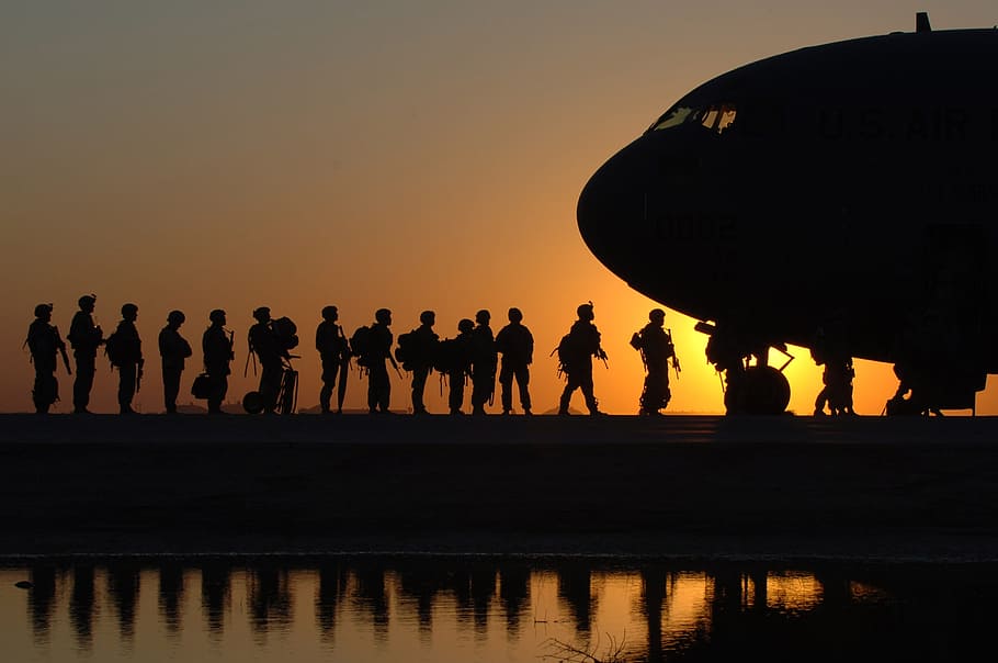 us, army, warrior, soldier, protector, ride, plane, airplane, sunset, silhouette