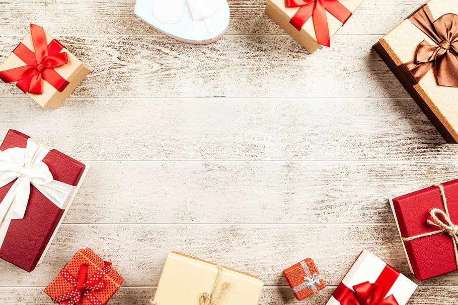 hadiah, kotak, natal, sekarang, perayaan, liburan, musiman, latar belakang, kayu, tua