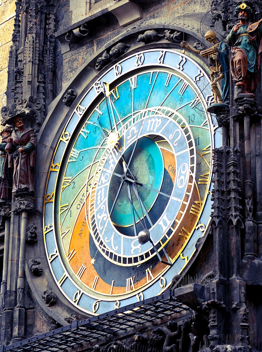 vista frontal, astronômico, relógio, república checa de Praga, arquitetura, europa, fachada, famoso, gótico, histórico