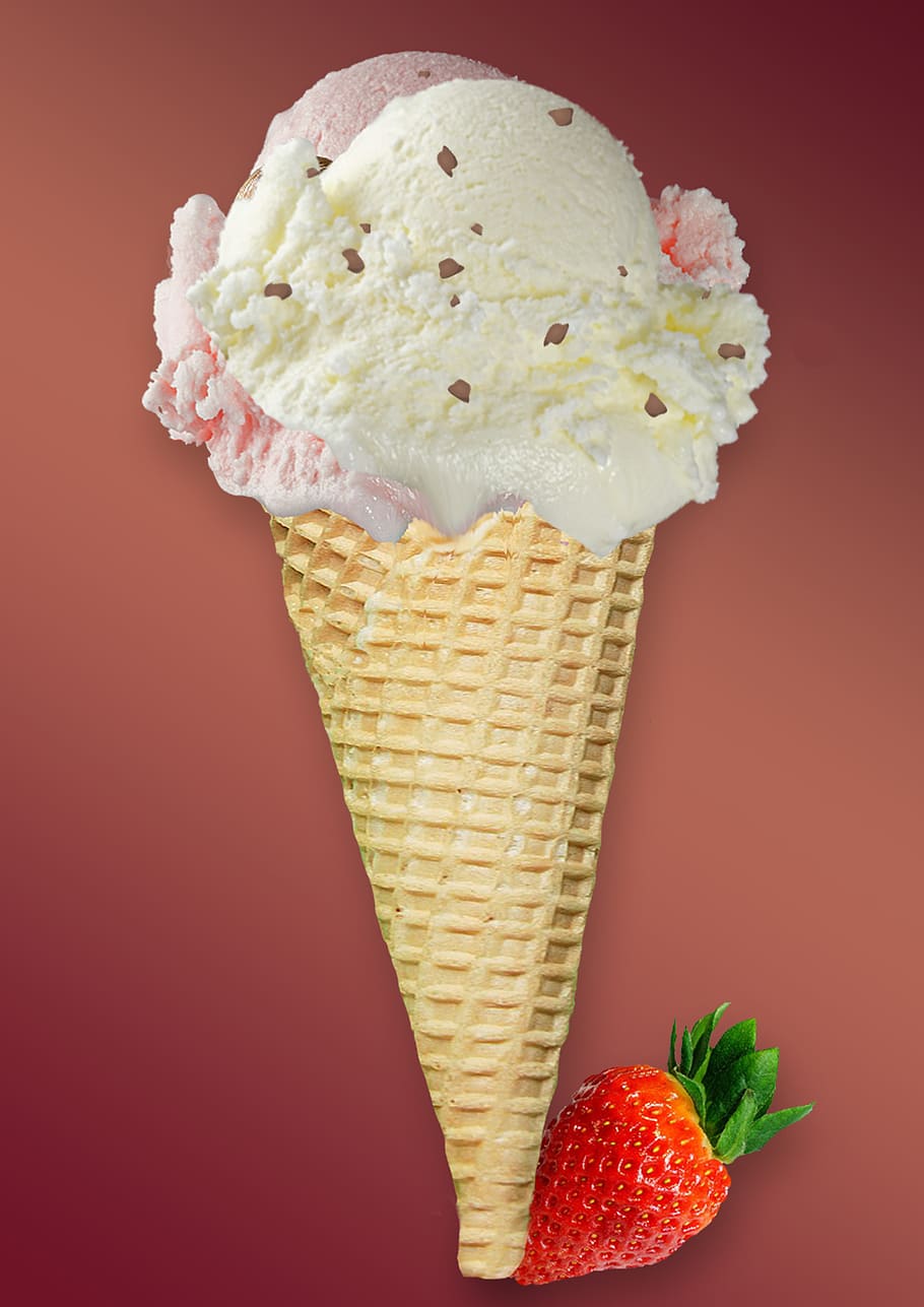 ice, ice cream cone, waffle, strawberry ice cream, ice ball, waffle cone, ball, ice cream, delicious, sweet