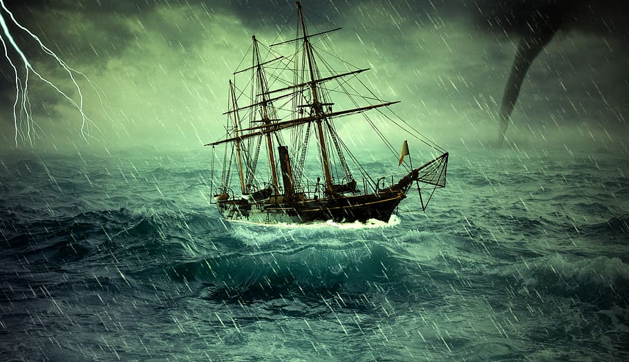 angustia, hacia adelante, barco, mar, tormenta, océano, lago, aerosol, destrucción, rescate