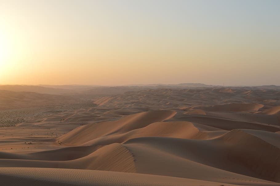 gurun, matahari terbenam, pasir, bukit pasir, emirat arab bersatu, langit, kering, gersang, alam, perjalanan