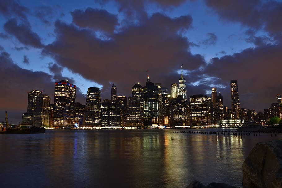 Manhattan, ver, horizonte, noche, luces, ciudad, Nueva York, arquitectura, edificios, America