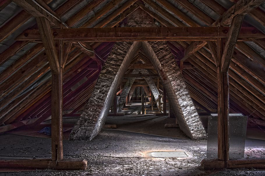lost places, building, roof truss, architecture, roof, house, old, attic, decay, wood