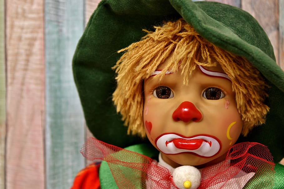 badut, boneka, lucu, sedih, anak-anak, mainan berwarna-warni, warna, air mata, mainan anak-anak, representasi