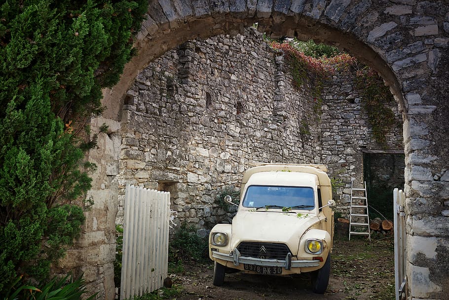architecture, old, travel, antiquity, wall, 2cv, goal, gateway, hof, auto