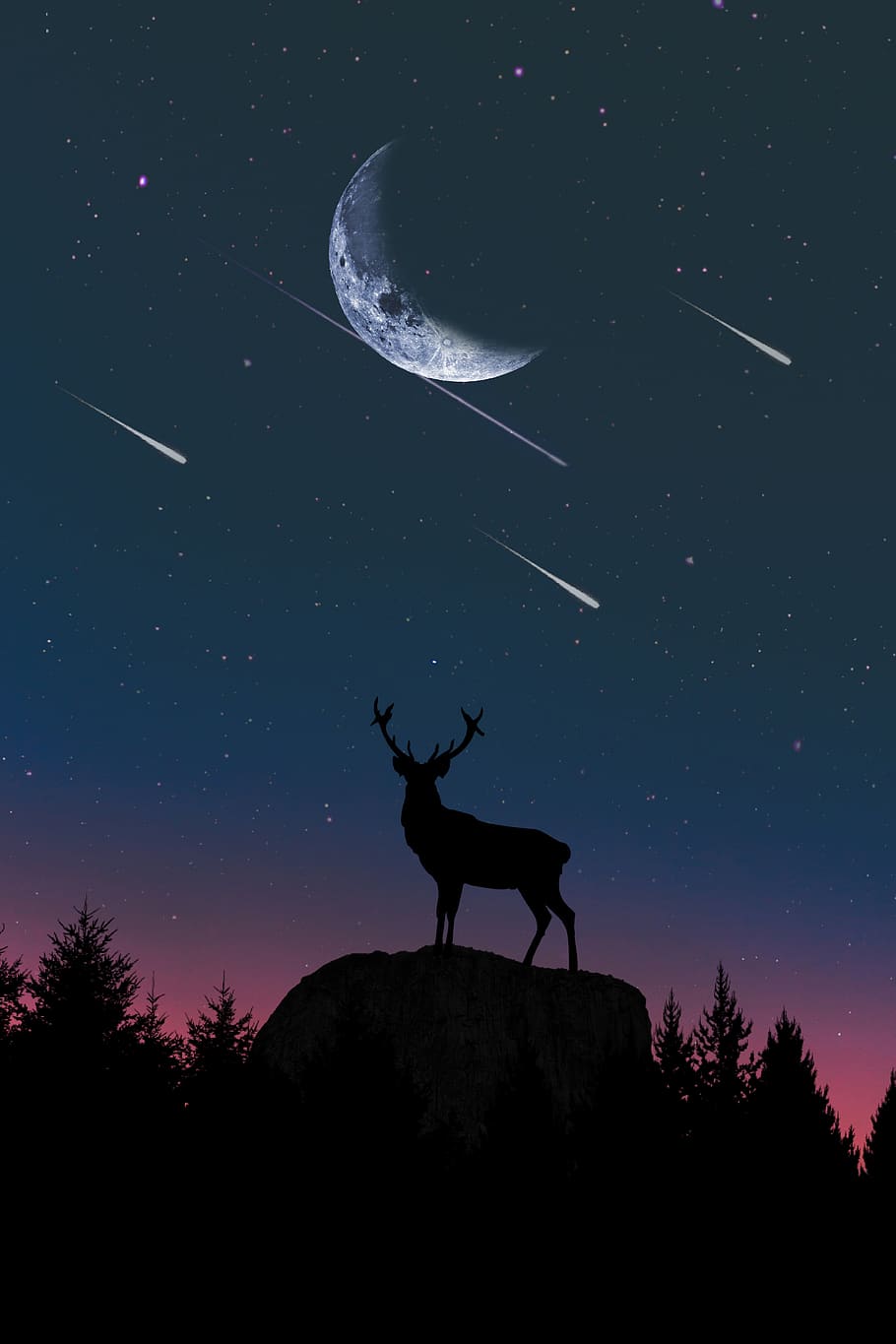 moon, sky, nature, dusk, sun, silhouette, dawn, deer, shooting star, dark forest