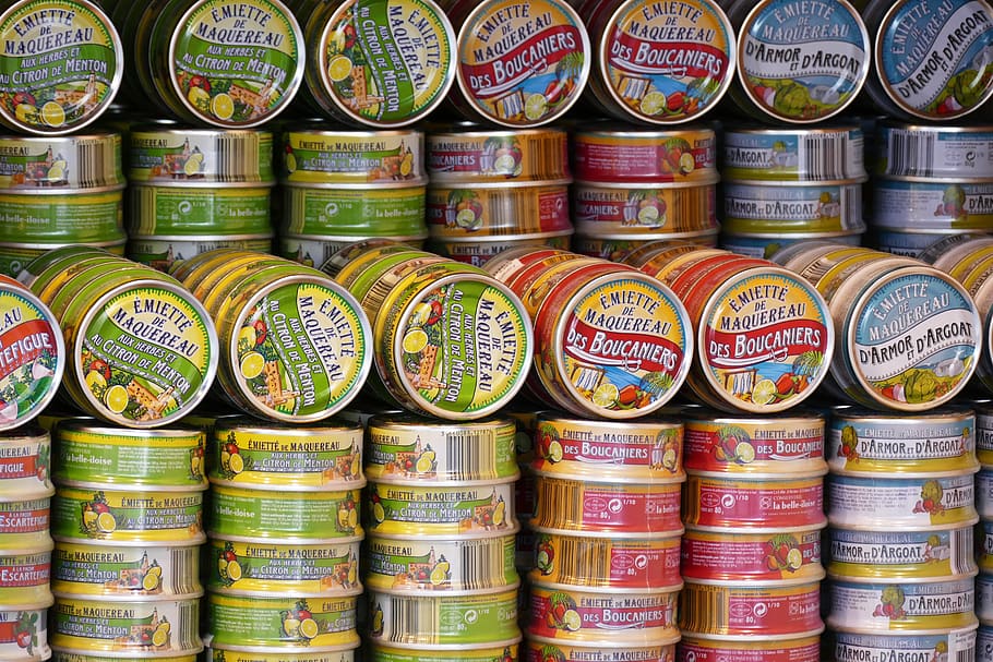 canning, cans, finished products, eat, tin can, fish, box, shelf, food, supermarket