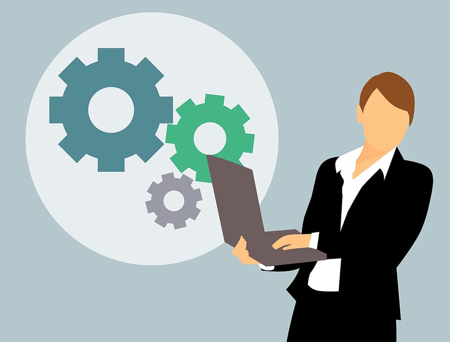 person, holding, laptop, gears, development., development icon, development concept, code, web development, growth
