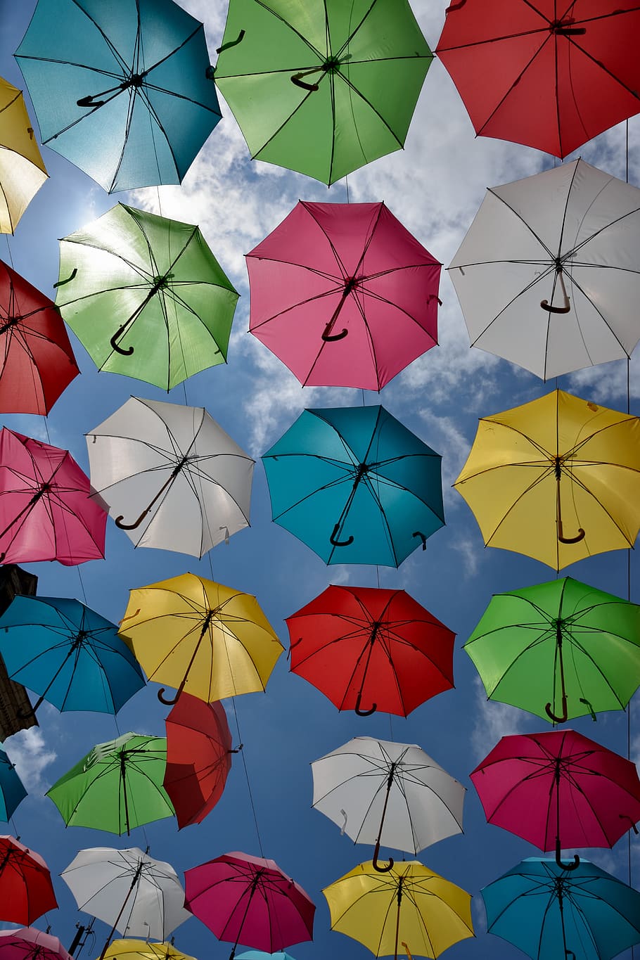 paraguas, color, cielo, sol, nubes, decoración, arte, fondo, colorido, azul