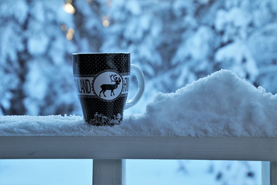 снег, зима, напиток, утром, чашка, балкон, чай, кофе, свежий, тепло