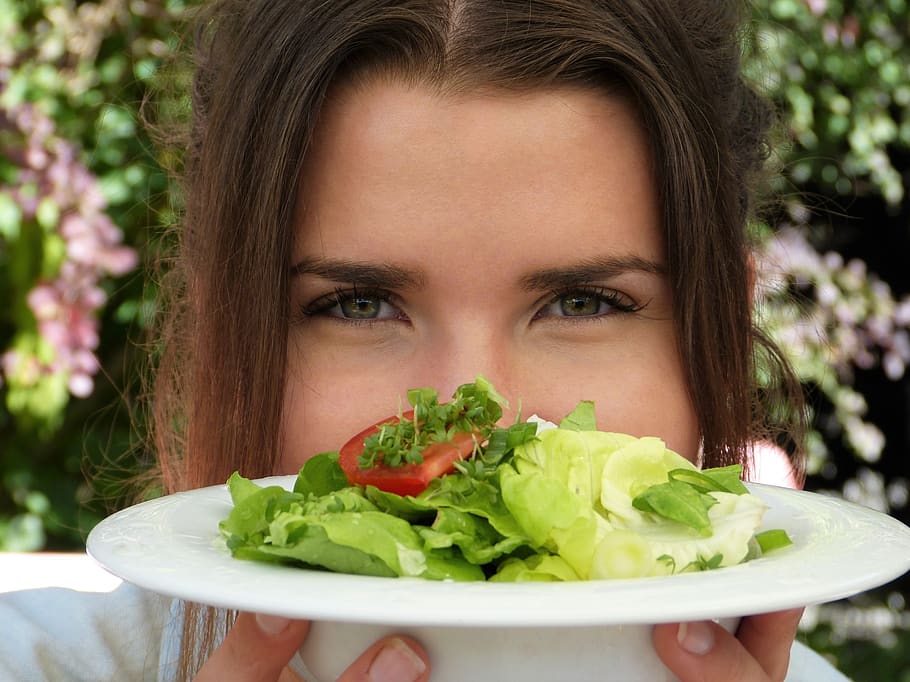 salad, plate, girl, young woman, eyes, health, beauty, diet, vegetarian, vegan