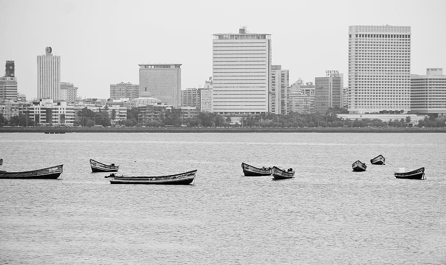 architecture, buildings, infrastructure, black and white, sea, water, boat, sailing, skyline, skyscraper