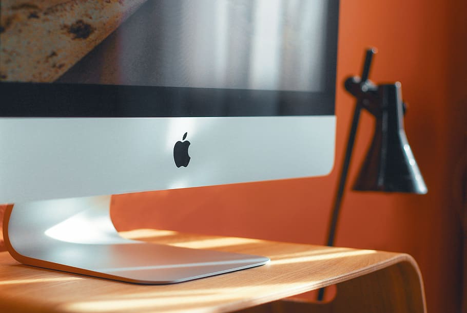 mac, computer, desk, light, reflection, office, business, design, stand, wood