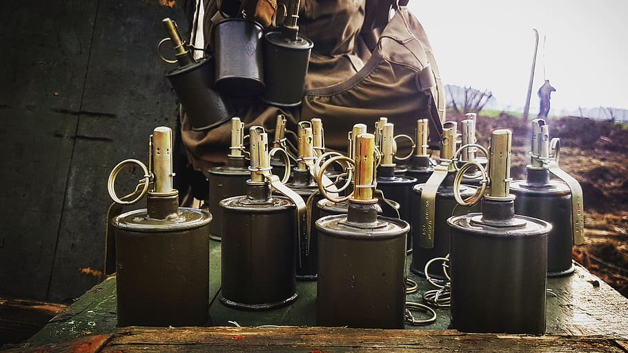 grenades, shrapnel, the war, safety, day, metal, music, equipment, container, outdoors