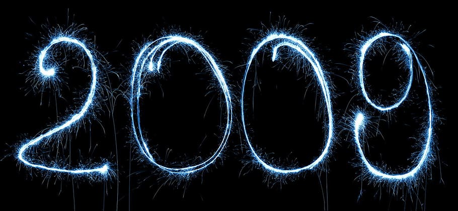 figure, numeral, 2009, fireworks, past, illuminated, black background, glowing, night, creativity