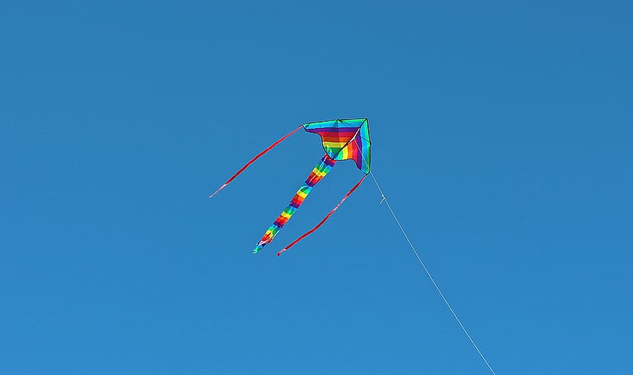 rise, kite, object, flying, high, height, blue, sky, clear sky, low angle view