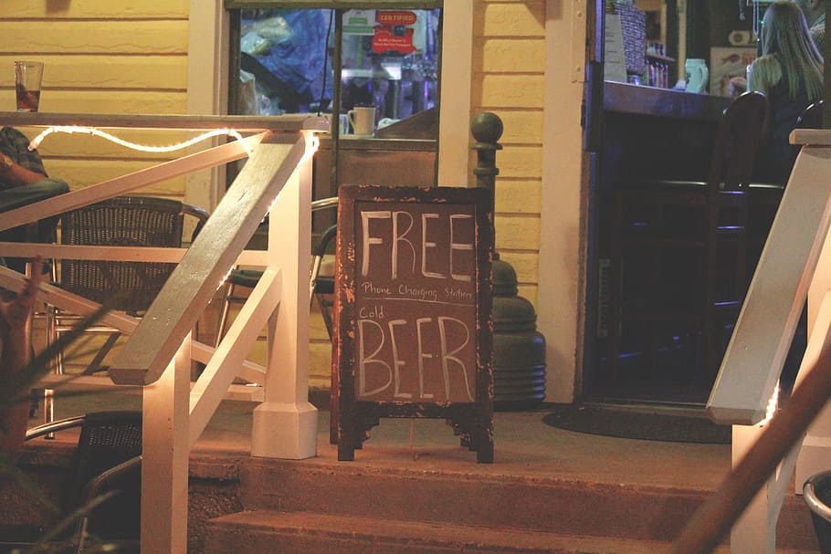beer, sign, bar, typography, chalk, stairs, door, winndow, wood, chair