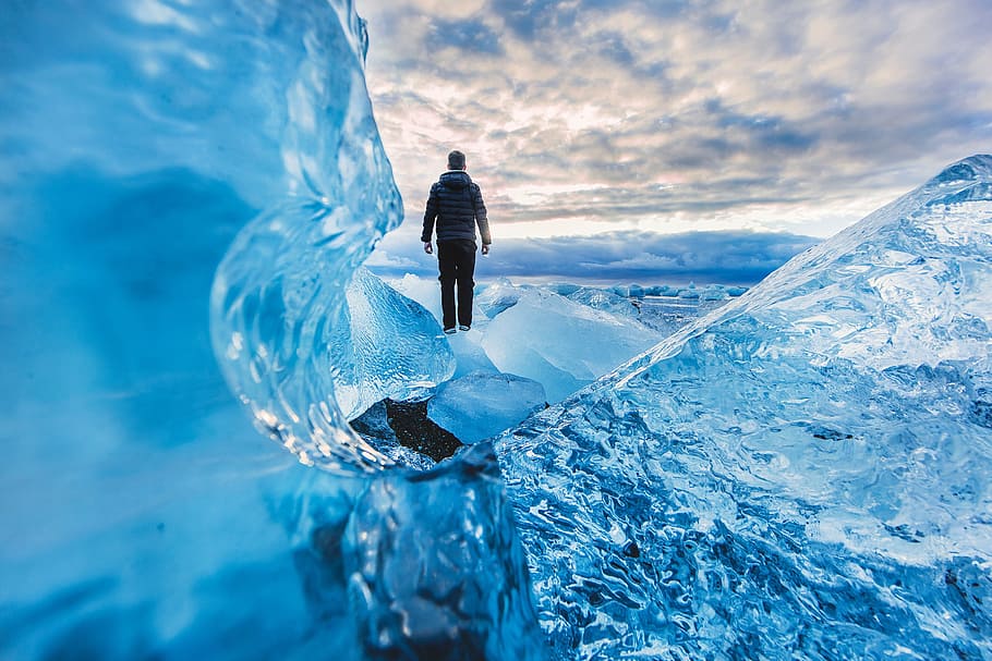 azul, iceberg, pessoas, homem, sozinho, frio, inverno, islândia, uma pessoa, temperatura fria