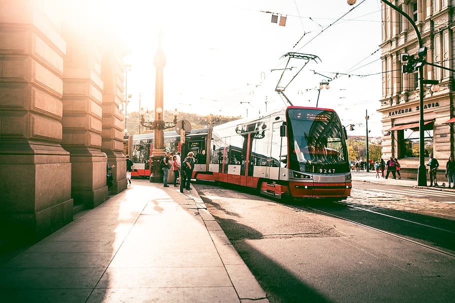 tram, prague streets, czech republic, architecture, buildings, city, czechia, evening, golden hour, old city