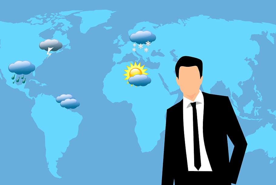ilustrasi, ramalan cuaca, -, ahli meteorologi, pekerjaan., cuaca, berita, reporter, pria, pertunjukan siaran