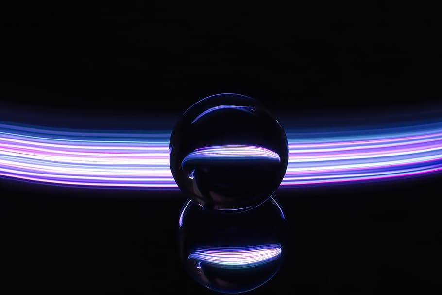 crystal ball-photography, light painting, ball, lights, colorful, magic, long exposure, mirroring, black background, motion