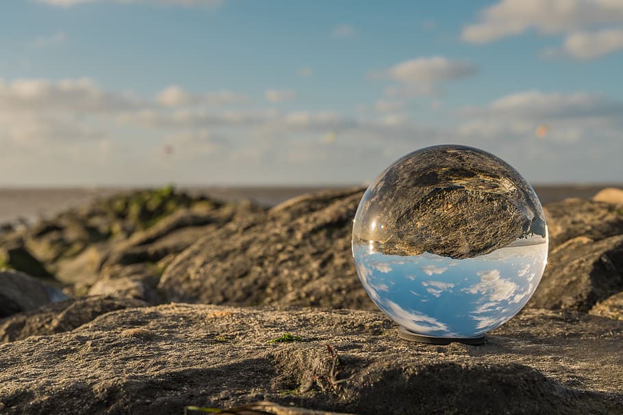 glass ball, north sea, lower saxony, wadden sea, mirroring, globe image, ball photo, ball, landscape, photo effect