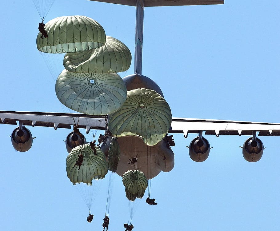 military, paratroopers, army, thrill, activity, high, height, sky, low angle view, clear sky