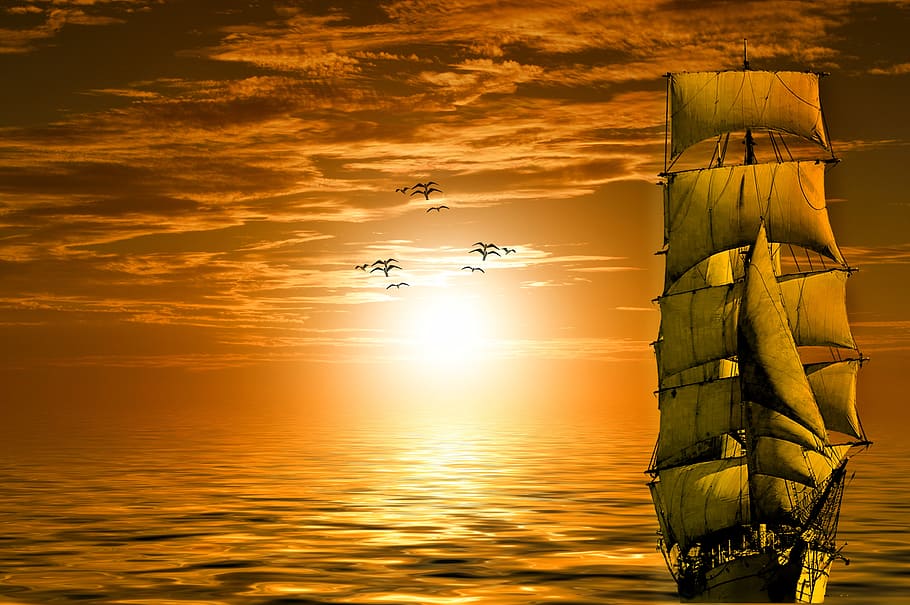 pirate, ship, sun, boat, gulls, sea, water, clouds, sunset, golden