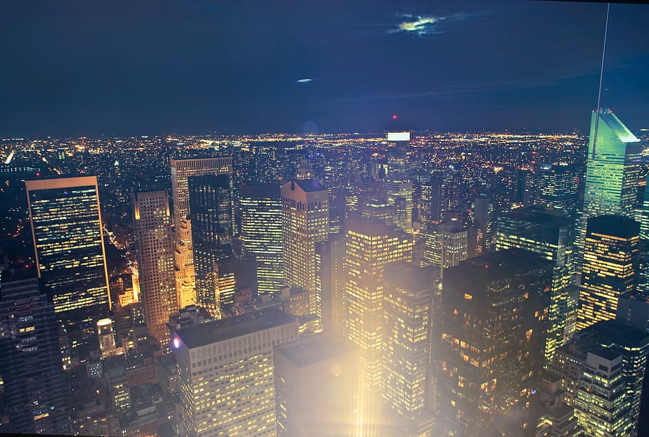 high, angle night view, illuminating, skyscrapers, new, york city, America, Architecture, Cityscape, Facade