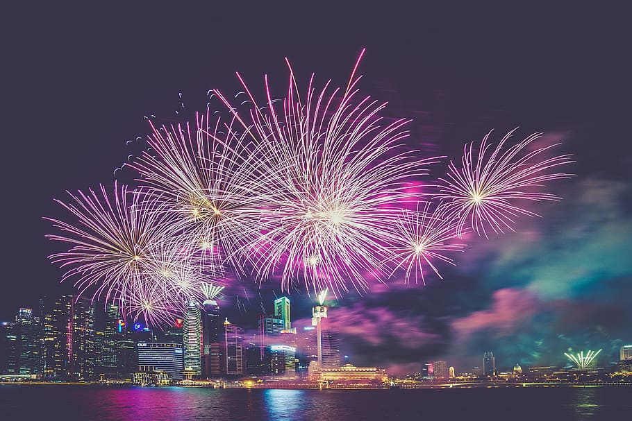 fireworks, purple, city, celebration, water, reflection, festive, explosion, celebrate, festival