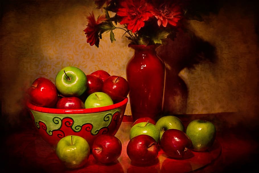 still life, apples, fruit, fine art, flowers, painting, rich, colorful, food, healthy eating