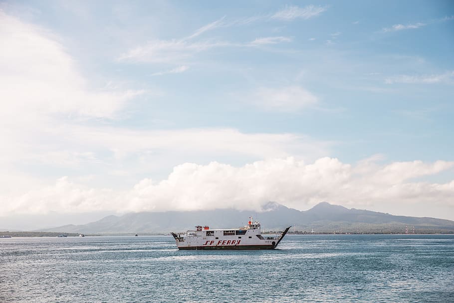 white, ferry, clear, blue, water, surrounded, mountains, coast, coastline, commute
