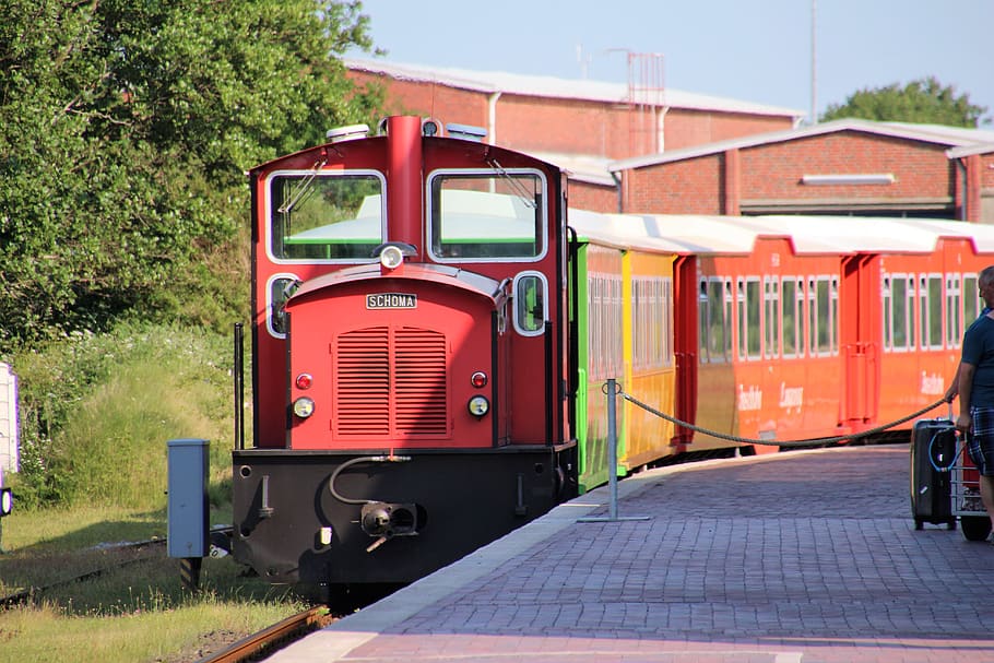 langeoog, island railway, railway, red locomotive, railway station, inselzug, transportation, land vehicle, mode of transportation, rail transportation