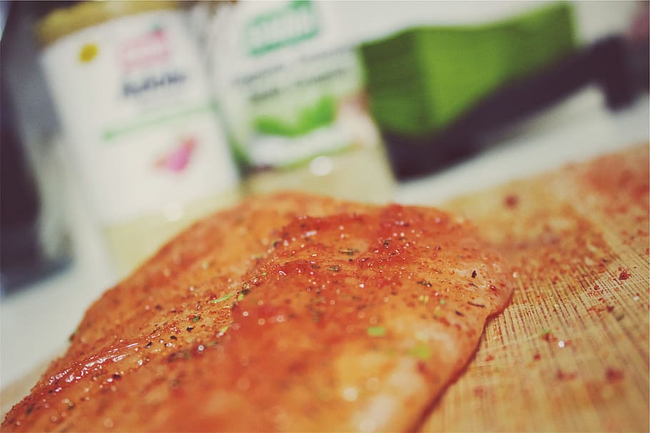 salmon, fish, spices, food, cooking, cutting board, kitchen, food and drink, close-up, freshness
